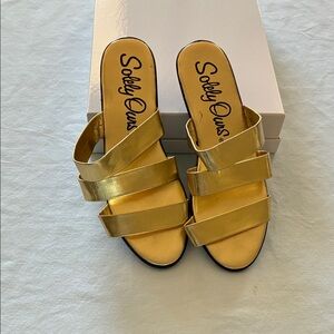 Metallic Gold Triple-Strap Slide Mules